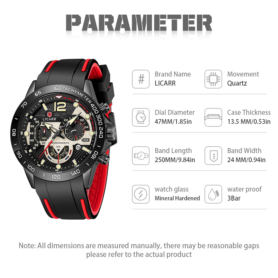 LICARR 9511 Men's Sports Watch - Quartz Movement, Chronograph, 24-Hour Display, Waterproof
