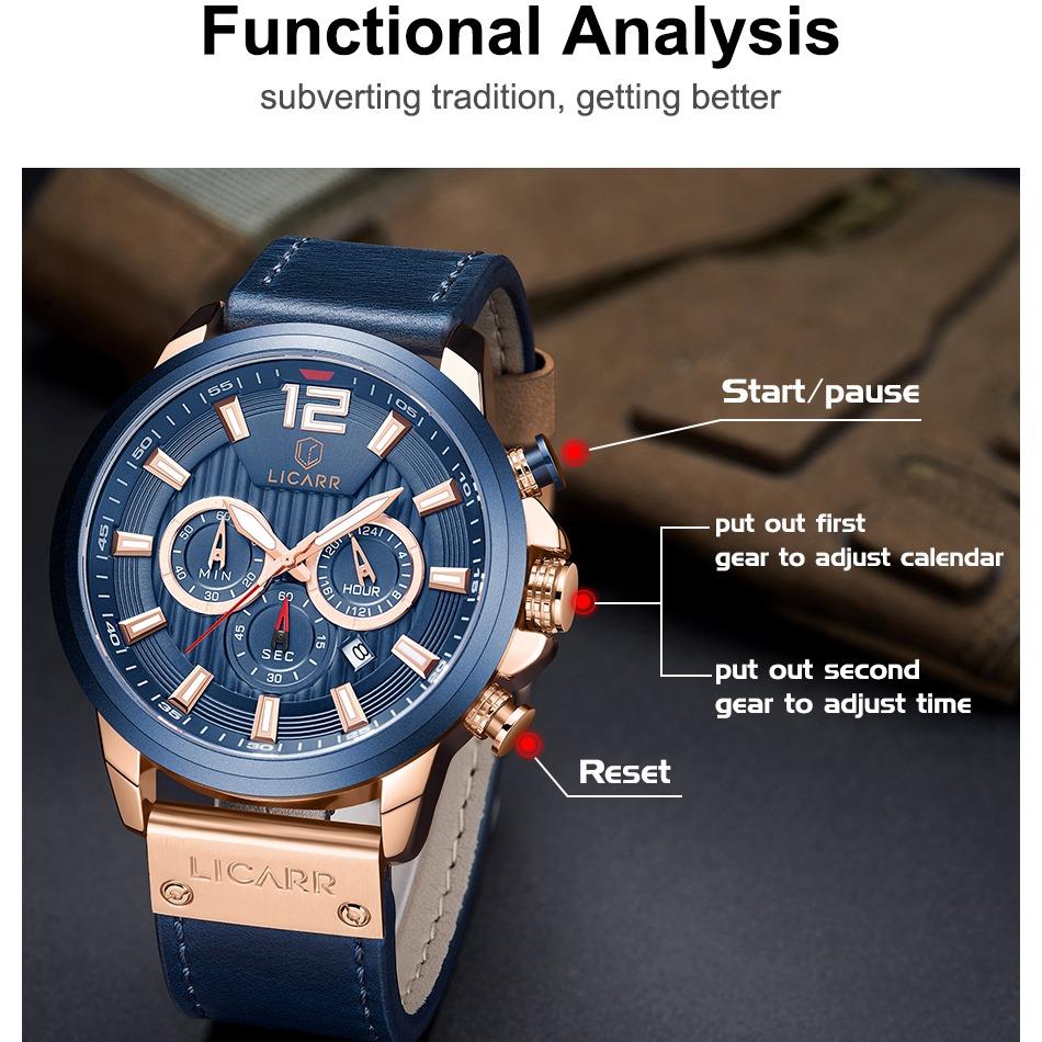 LICARR Brand Waterproof Fashion Casual Men's Watches Leather Strap Chronograph Watch 9501